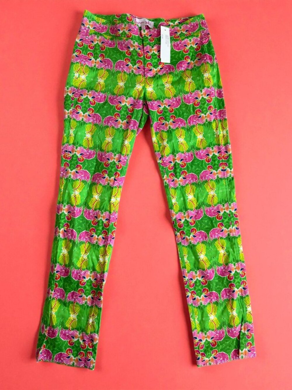 LAUREN GOLD Flamingo Print Green Pink Ankle Pants Size 0 NEW NWT